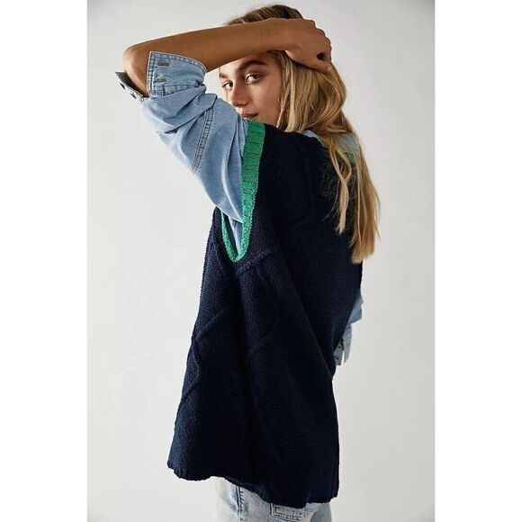 NEW FREE PEOPLE Sz M KENZIE MINI DRESS VARSITY SWEATER TUNIC IN STARLESS SKY - Picture 4 of 4